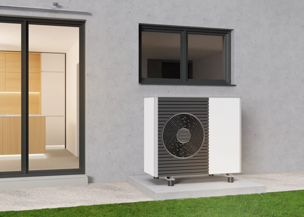Air heat pump standing outdoors. Modern, environmentally friendly heating. Save your money with air pump. Air source heat pumps are efficient and renewable source of energy. 3d rendering.