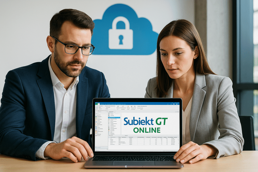 Dwójka profesjonalistów analizujących dane na laptopie z uruchomionym Subiektem GT Online; w tle ikona chmury z symbolem bezpieczeństwa
