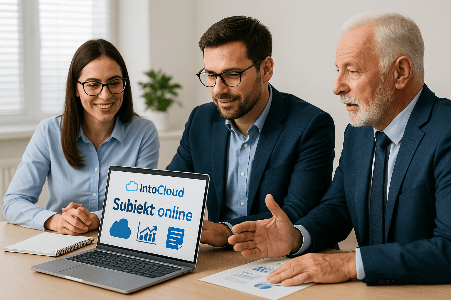 Zespół trzech specjalistów omawiających Subiekta Online; na ekranie laptopa widoczny interfejs oraz logo IntoCloud. 